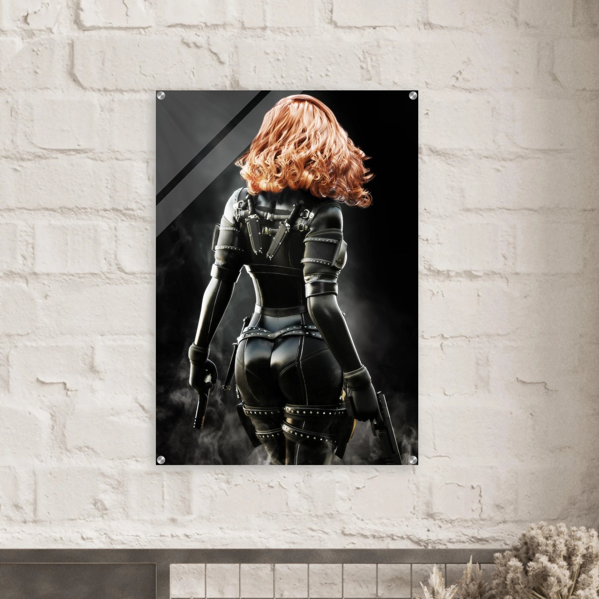 Handcrafted fantasy artwork depicting a highly skilled redheaded assassin viewed from behind as she walks through swirling smoke beneath dramatic overhead light. Wearing a sleek black tactical bodysuit with reinforced armor, twin shoulder-mounted blades, thigh holsters, and dual pistols held at her sides, she projects quiet confidence and deadly precision. Rich cinematic lighting highlights the realistic textures of her combat gear while the dark, atmospheric background emphasizes the mystery of a professio