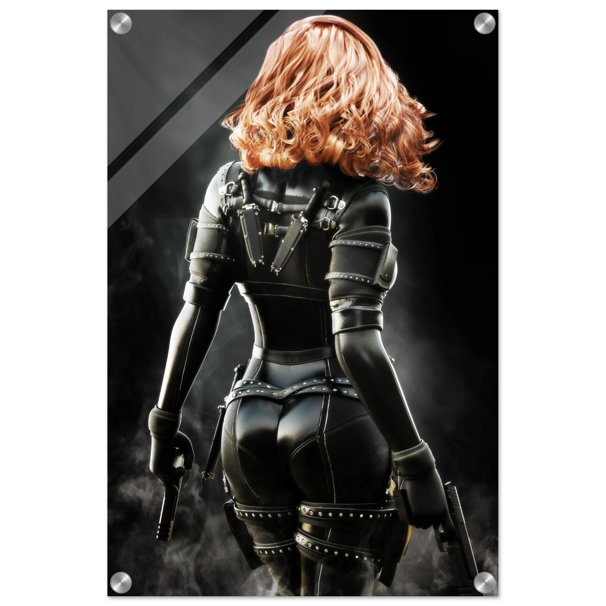 Handcrafted fantasy artwork depicting a highly skilled redheaded assassin viewed from behind as she walks through swirling smoke beneath dramatic overhead light. Wearing a sleek black tactical bodysuit with reinforced armor, twin shoulder-mounted blades, thigh holsters, and dual pistols held at her sides, she projects quiet confidence and deadly precision. Rich cinematic lighting highlights the realistic textures of her combat gear while the dark, atmospheric background emphasizes the mystery of a professio