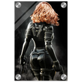 Handcrafted fantasy artwork depicting a highly skilled redheaded assassin viewed from behind as she walks through swirling smoke beneath dramatic overhead light. Wearing a sleek black tactical bodysuit with reinforced armor, twin shoulder-mounted blades, thigh holsters, and dual pistols held at her sides, she projects quiet confidence and deadly precision. Rich cinematic lighting highlights the realistic textures of her combat gear while the dark, atmospheric background emphasizes the mystery of a professio