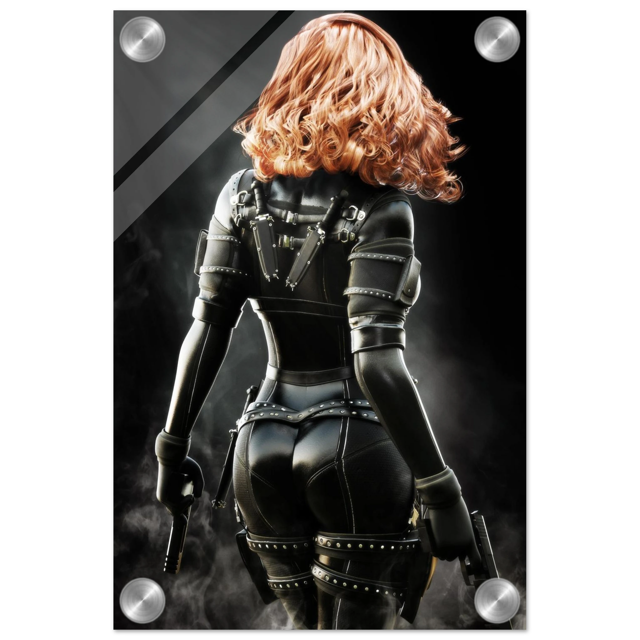Handcrafted fantasy artwork depicting a highly skilled redheaded assassin viewed from behind as she walks through swirling smoke beneath dramatic overhead light. Wearing a sleek black tactical bodysuit with reinforced armor, twin shoulder-mounted blades, thigh holsters, and dual pistols held at her sides, she projects quiet confidence and deadly precision. Rich cinematic lighting highlights the realistic textures of her combat gear while the dark, atmospheric background emphasizes the mystery of a professio