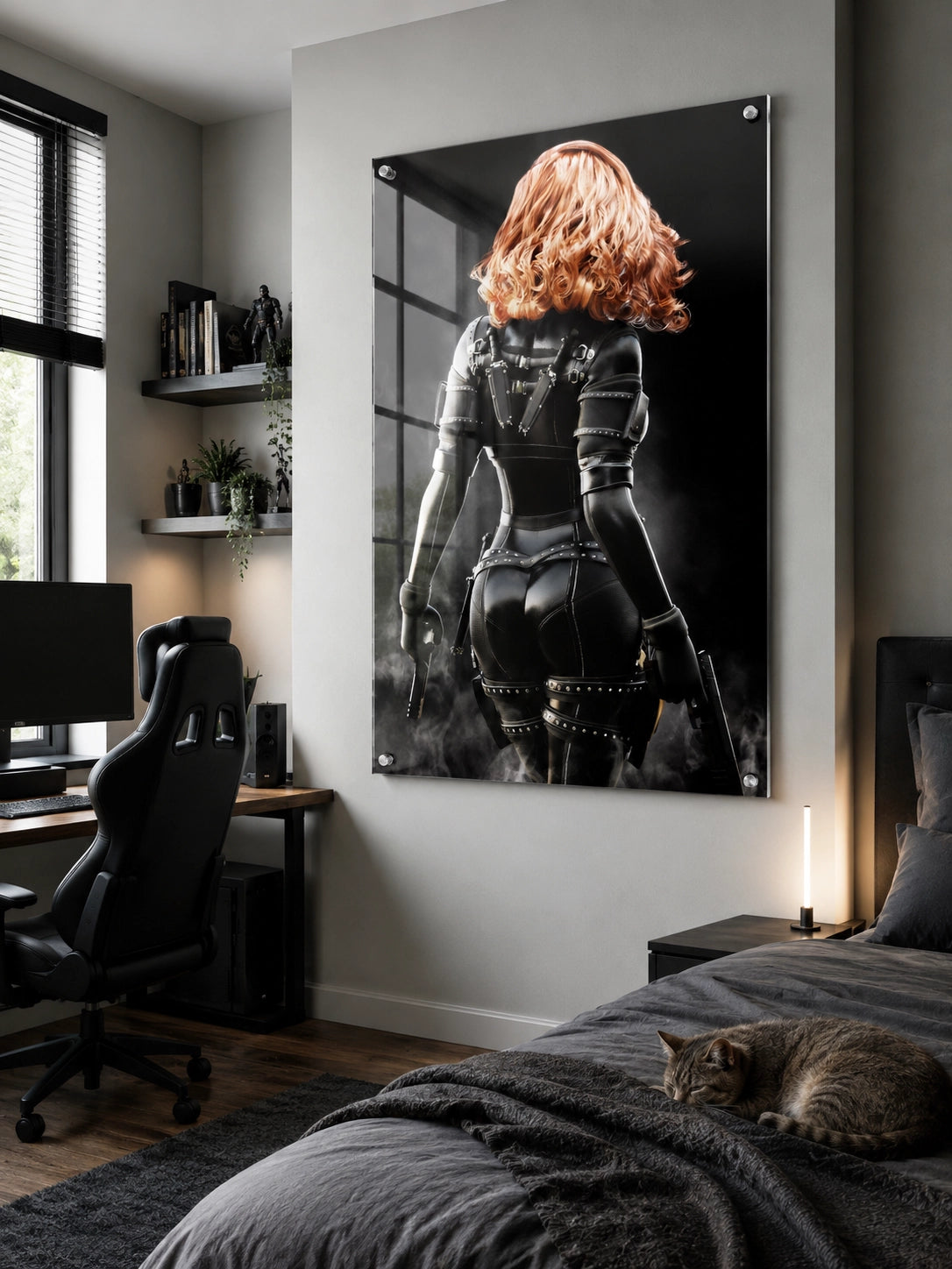 Handcrafted fantasy artwork depicting a highly skilled redheaded assassin viewed from behind as she walks through swirling smoke beneath dramatic overhead light. Wearing a sleek black tactical bodysuit with reinforced armor, twin shoulder-mounted blades, thigh holsters, and dual pistols held at her sides, she projects quiet confidence and deadly precision. Rich cinematic lighting highlights the realistic textures of her combat gear while the dark, atmospheric background emphasizes the mystery of a professio