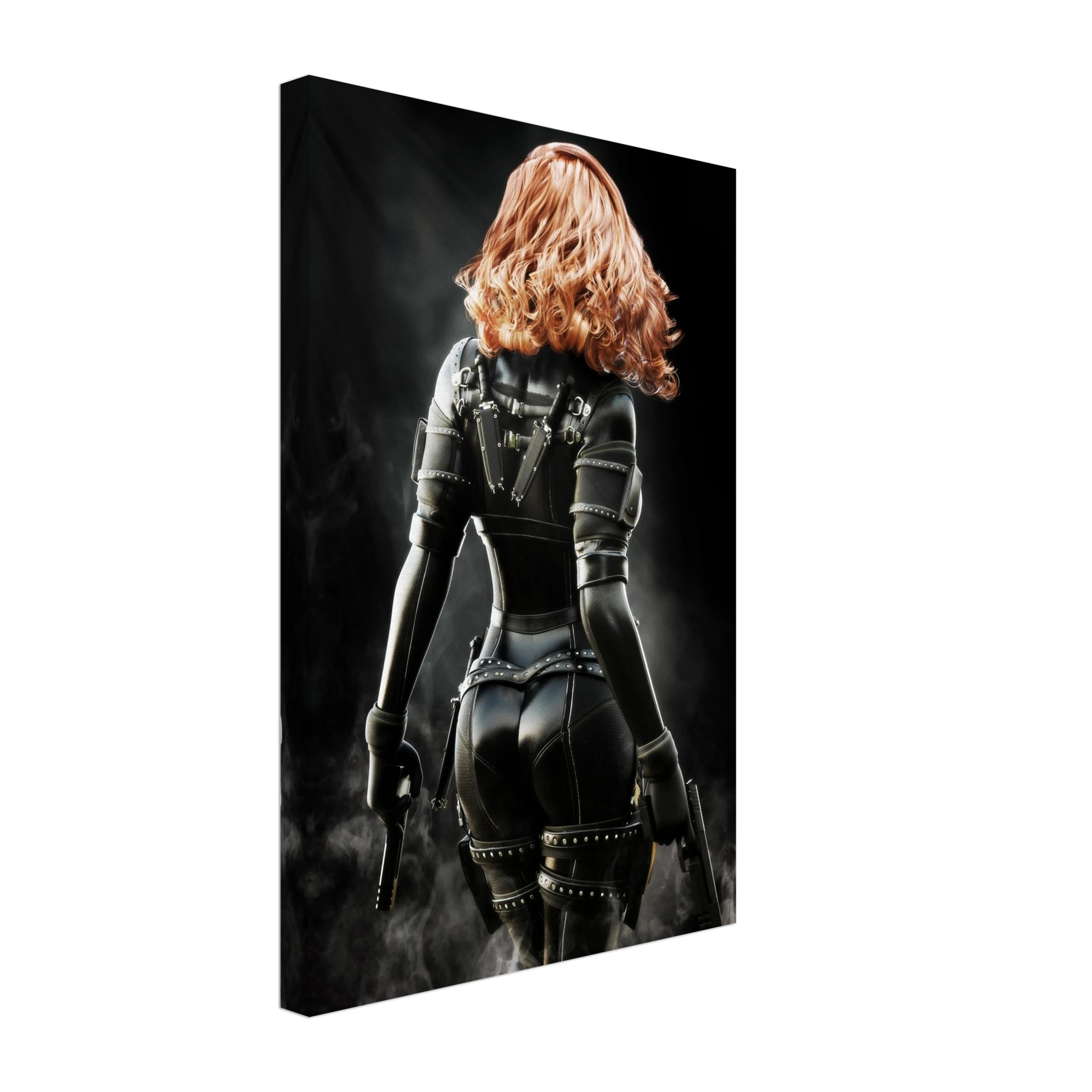 Handcrafted fantasy artwork depicting a highly skilled redheaded assassin viewed from behind as she walks through swirling smoke beneath dramatic overhead light. Wearing a sleek black tactical bodysuit with reinforced armor, twin shoulder-mounted blades, thigh holsters, and dual pistols held at her sides, she projects quiet confidence and deadly precision. Rich cinematic lighting highlights the realistic textures of her combat gear while the dark, atmospheric background emphasizes the mystery of a professio