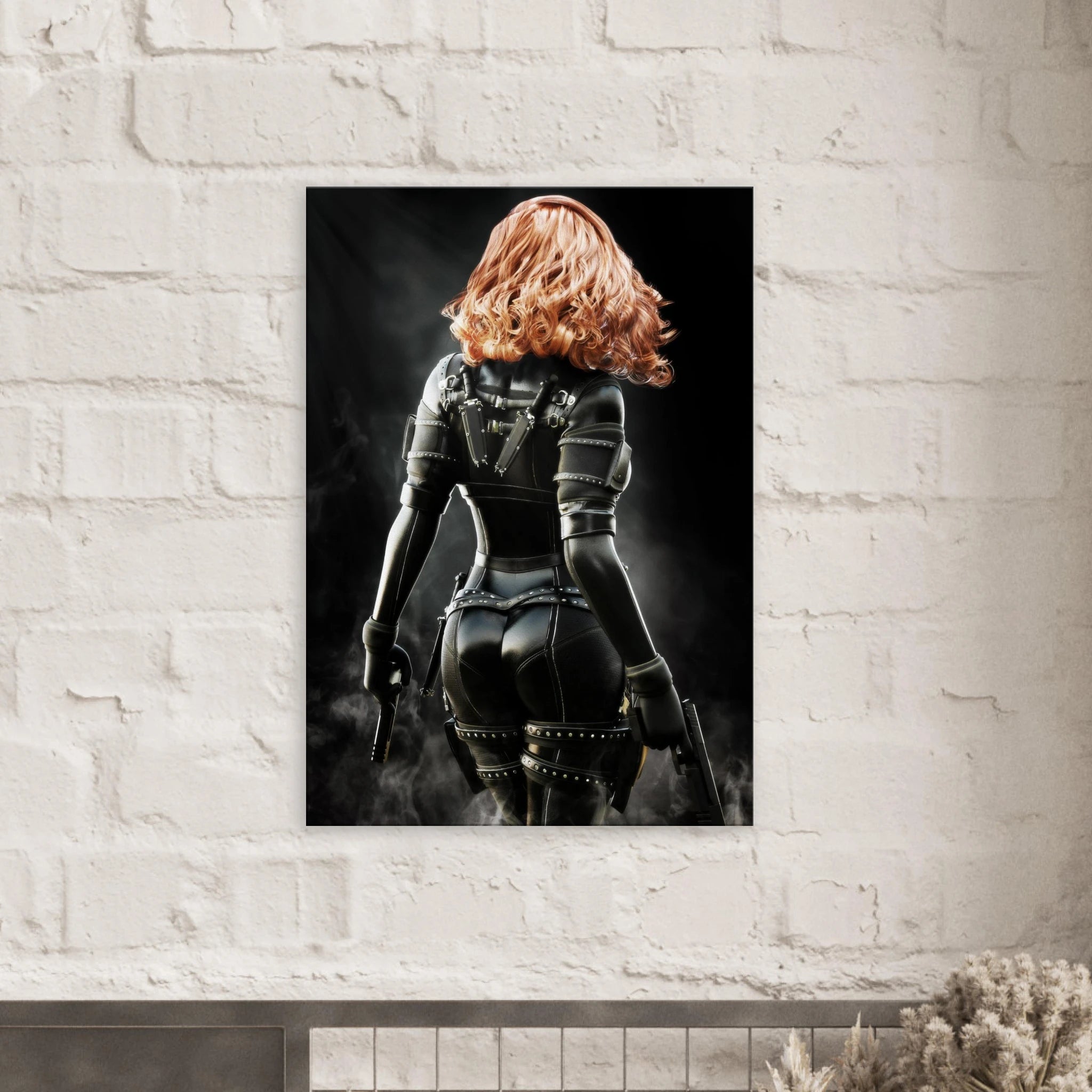 Handcrafted fantasy artwork depicting a highly skilled redheaded assassin viewed from behind as she walks through swirling smoke beneath dramatic overhead light. Wearing a sleek black tactical bodysuit with reinforced armor, twin shoulder-mounted blades, thigh holsters, and dual pistols held at her sides, she projects quiet confidence and deadly precision. Rich cinematic lighting highlights the realistic textures of her combat gear while the dark, atmospheric background emphasizes the mystery of a professio