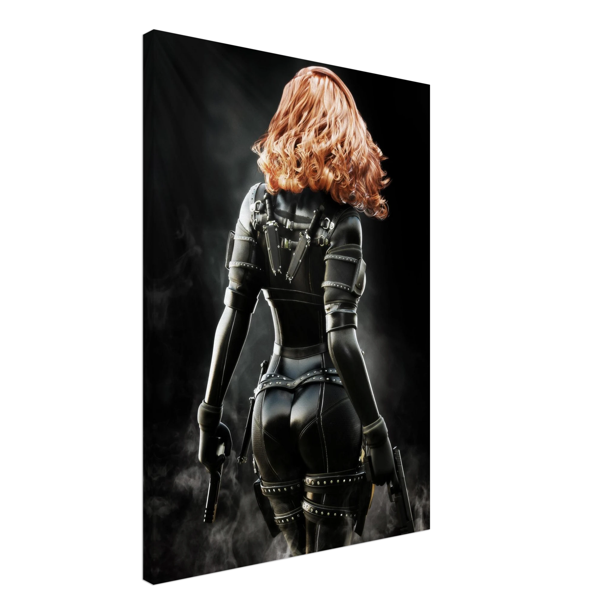 Handcrafted fantasy artwork depicting a highly skilled redheaded assassin viewed from behind as she walks through swirling smoke beneath dramatic overhead light. Wearing a sleek black tactical bodysuit with reinforced armor, twin shoulder-mounted blades, thigh holsters, and dual pistols held at her sides, she projects quiet confidence and deadly precision. Rich cinematic lighting highlights the realistic textures of her combat gear while the dark, atmospheric background emphasizes the mystery of a professio