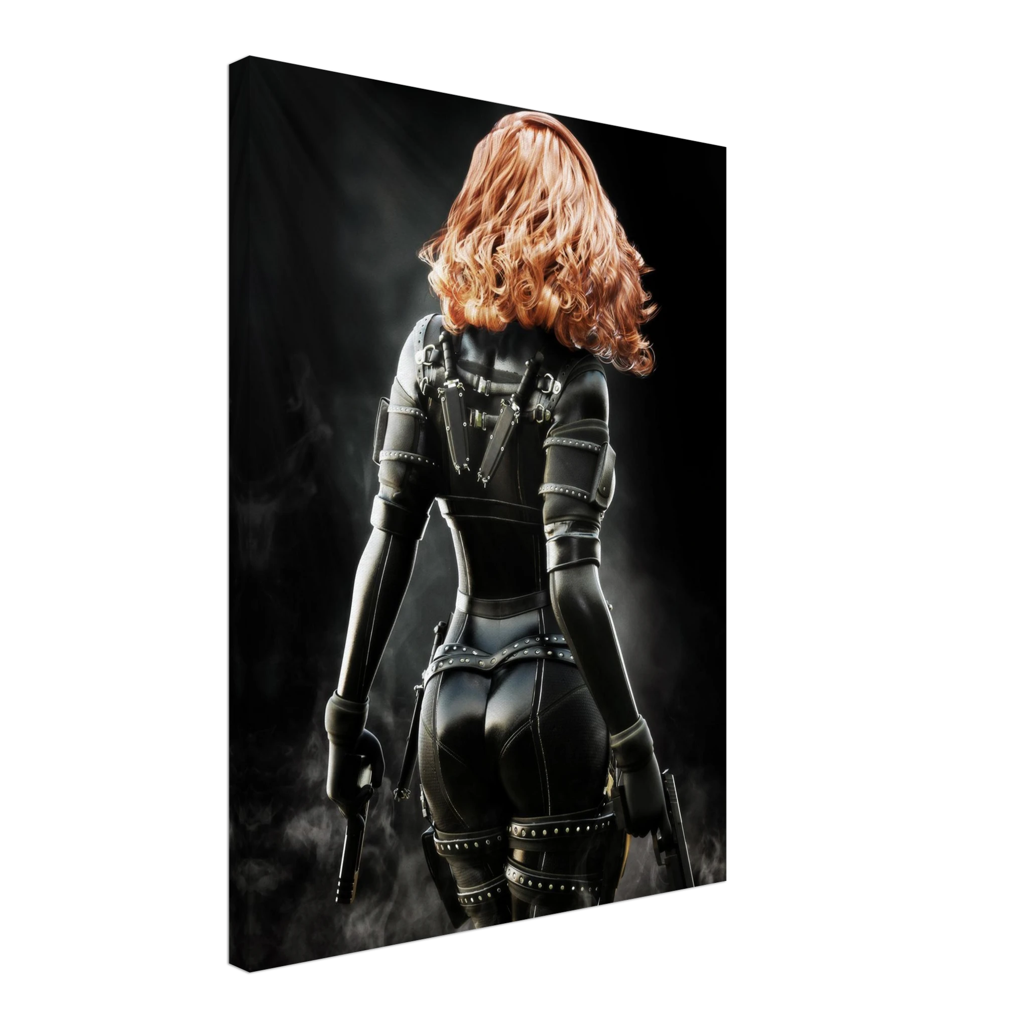 Handcrafted fantasy artwork depicting a highly skilled redheaded assassin viewed from behind as she walks through swirling smoke beneath dramatic overhead light. Wearing a sleek black tactical bodysuit with reinforced armor, twin shoulder-mounted blades, thigh holsters, and dual pistols held at her sides, she projects quiet confidence and deadly precision. Rich cinematic lighting highlights the realistic textures of her combat gear while the dark, atmospheric background emphasizes the mystery of a professio