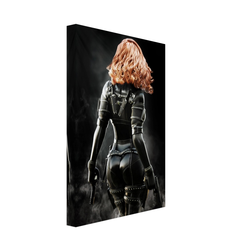 Handcrafted fantasy artwork depicting a highly skilled redheaded assassin viewed from behind as she walks through swirling smoke beneath dramatic overhead light. Wearing a sleek black tactical bodysuit with reinforced armor, twin shoulder-mounted blades, thigh holsters, and dual pistols held at her sides, she projects quiet confidence and deadly precision. Rich cinematic lighting highlights the realistic textures of her combat gear while the dark, atmospheric background emphasizes the mystery of a professio
