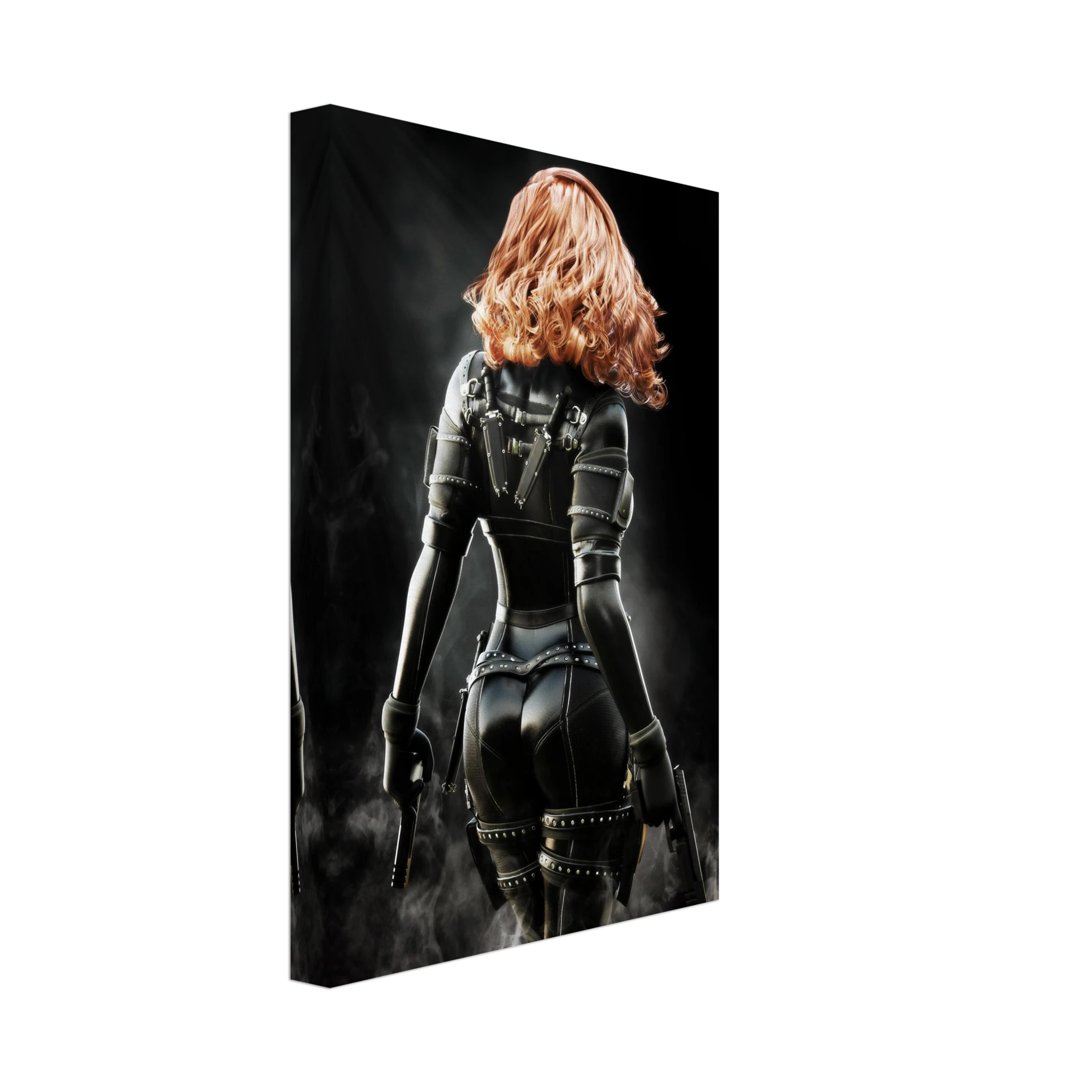 Handcrafted fantasy artwork depicting a highly skilled redheaded assassin viewed from behind as she walks through swirling smoke beneath dramatic overhead light. Wearing a sleek black tactical bodysuit with reinforced armor, twin shoulder-mounted blades, thigh holsters, and dual pistols held at her sides, she projects quiet confidence and deadly precision. Rich cinematic lighting highlights the realistic textures of her combat gear while the dark, atmospheric background emphasizes the mystery of a professio