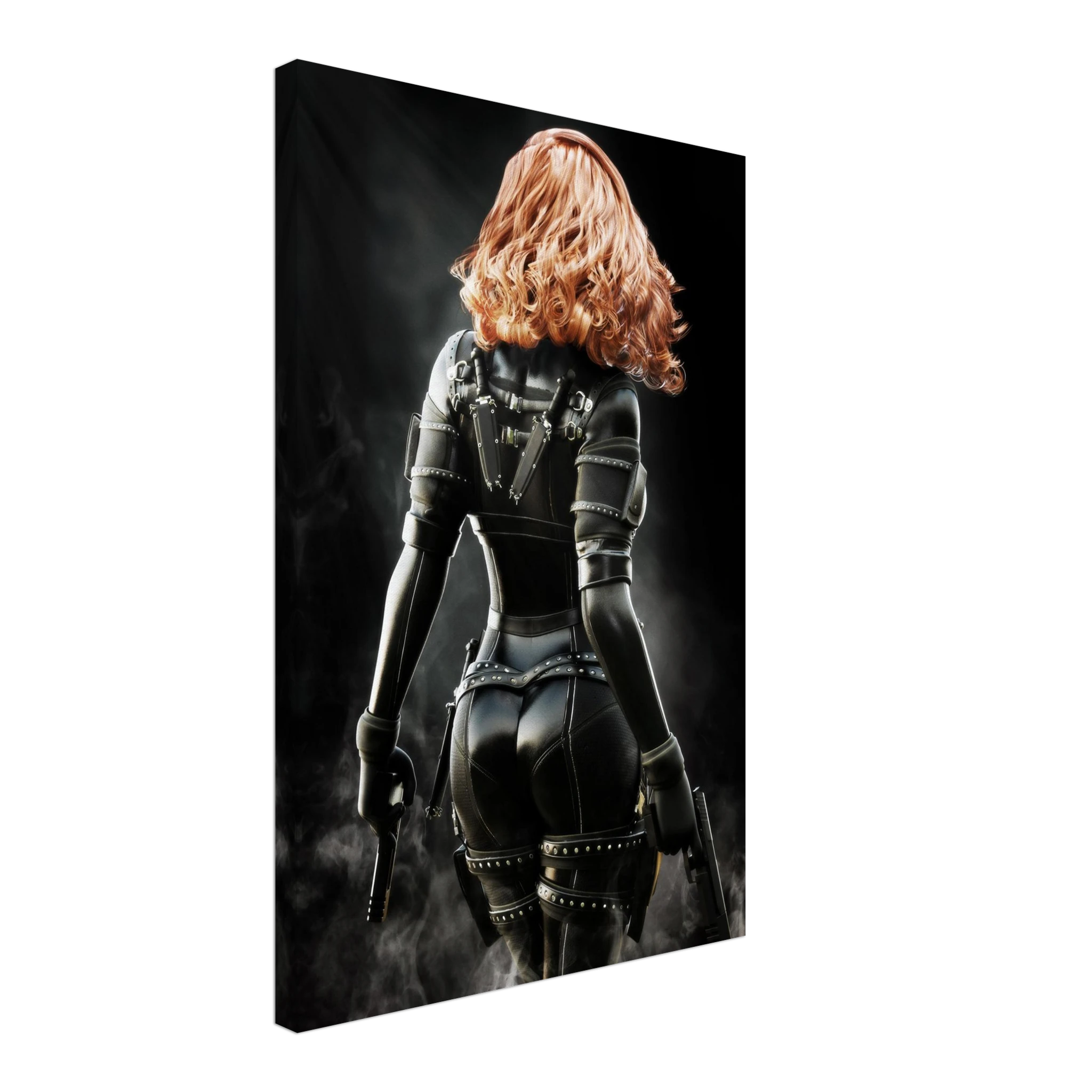 Handcrafted fantasy artwork depicting a highly skilled redheaded assassin viewed from behind as she walks through swirling smoke beneath dramatic overhead light. Wearing a sleek black tactical bodysuit with reinforced armor, twin shoulder-mounted blades, thigh holsters, and dual pistols held at her sides, she projects quiet confidence and deadly precision. Rich cinematic lighting highlights the realistic textures of her combat gear while the dark, atmospheric background emphasizes the mystery of a professio