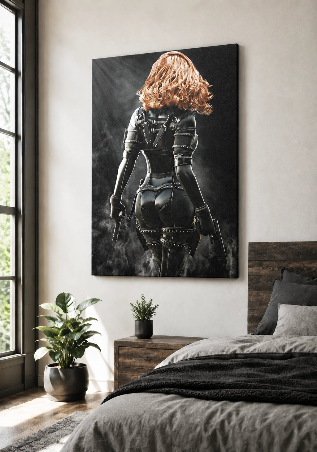Handcrafted fantasy artwork depicting a highly skilled redheaded assassin viewed from behind as she walks through swirling smoke beneath dramatic overhead light. Wearing a sleek black tactical bodysuit with reinforced armor, twin shoulder-mounted blades, thigh holsters, and dual pistols held at her sides, she projects quiet confidence and deadly precision. Rich cinematic lighting highlights the realistic textures of her combat gear while the dark, atmospheric background emphasizes the mystery of a professio