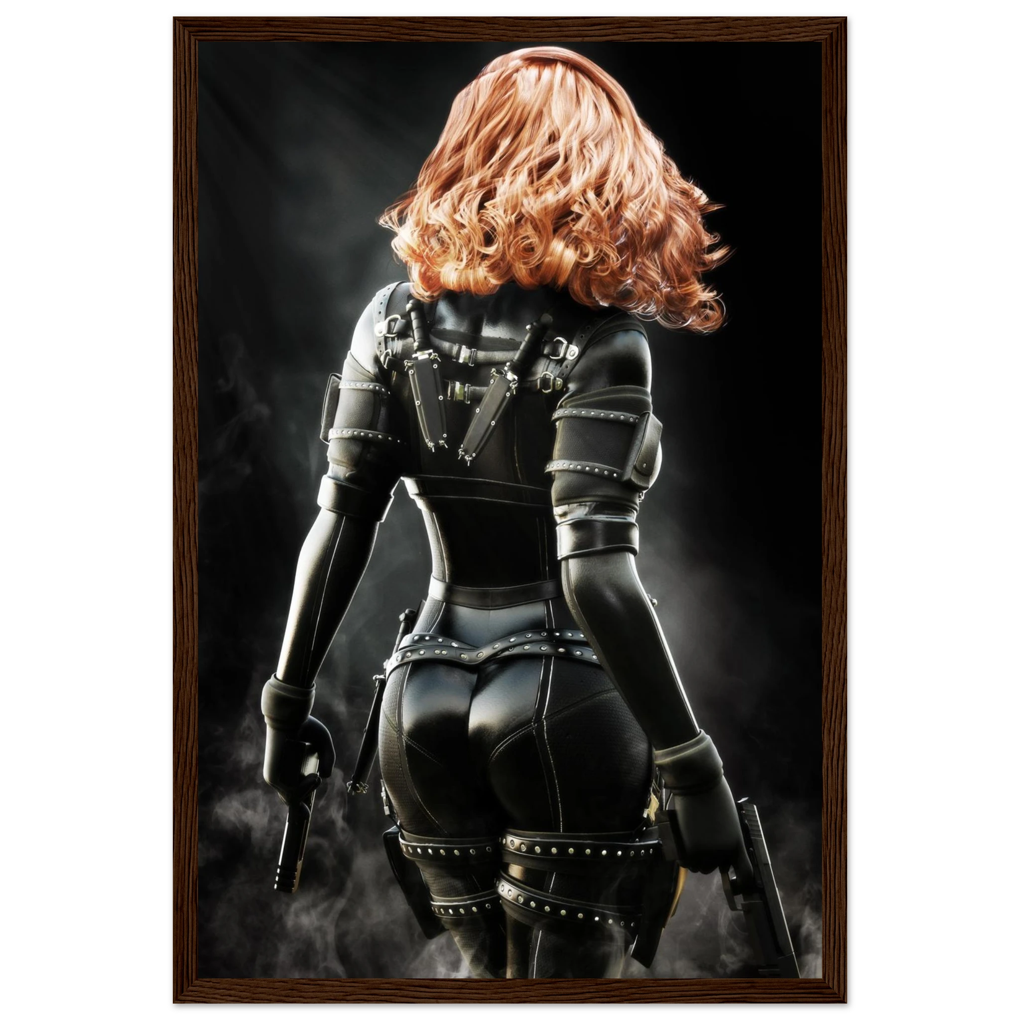 Handcrafted fantasy artwork depicting a highly skilled redheaded assassin viewed from behind as she walks through swirling smoke beneath dramatic overhead light. Wearing a sleek black tactical bodysuit with reinforced armor, twin shoulder-mounted blades, thigh holsters, and dual pistols held at her sides, she projects quiet confidence and deadly precision. Rich cinematic lighting highlights the realistic textures of her combat gear while the dark, atmospheric background emphasizes the mystery of a professio
