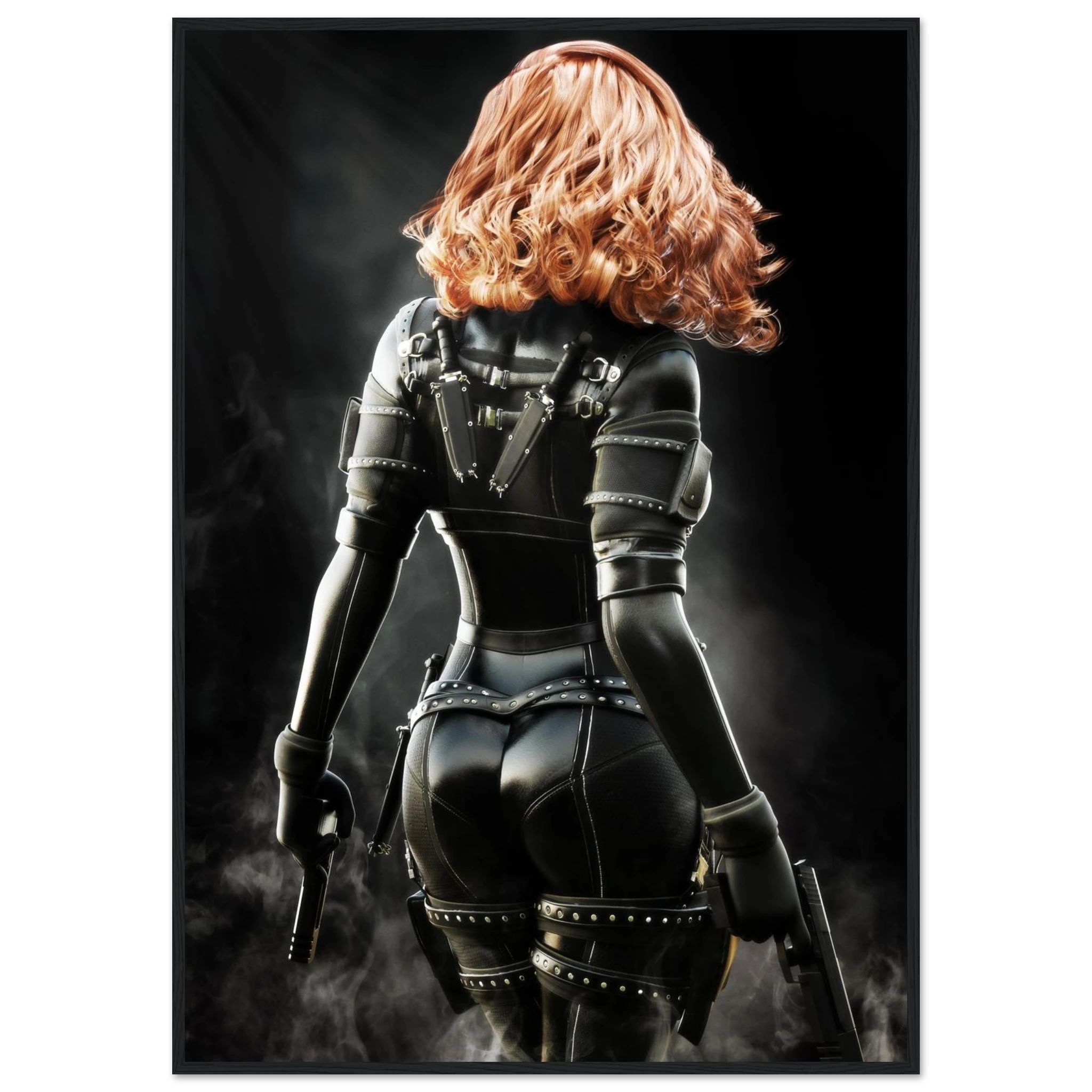Handcrafted fantasy artwork depicting a highly skilled redheaded assassin viewed from behind as she walks through swirling smoke beneath dramatic overhead light. Wearing a sleek black tactical bodysuit with reinforced armor, twin shoulder-mounted blades, thigh holsters, and dual pistols held at her sides, she projects quiet confidence and deadly precision. Rich cinematic lighting highlights the realistic textures of her combat gear while the dark, atmospheric background emphasizes the mystery of a professio