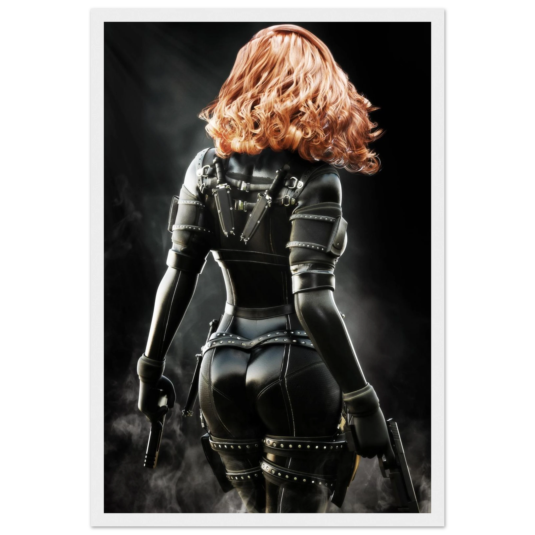 Handcrafted fantasy artwork depicting a highly skilled redheaded assassin viewed from behind as she walks through swirling smoke beneath dramatic overhead light. Wearing a sleek black tactical bodysuit with reinforced armor, twin shoulder-mounted blades, thigh holsters, and dual pistols held at her sides, she projects quiet confidence and deadly precision. Rich cinematic lighting highlights the realistic textures of her combat gear while the dark, atmospheric background emphasizes the mystery of a professio