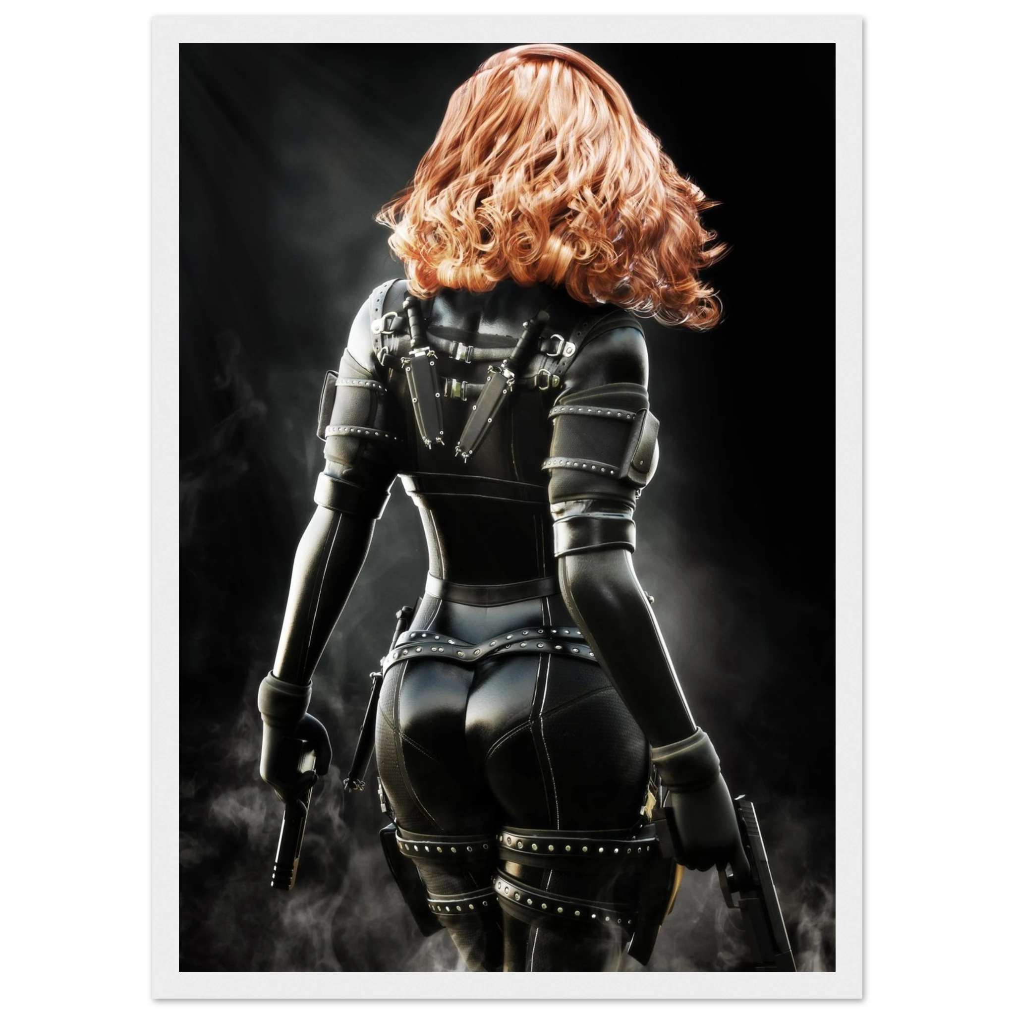 Handcrafted fantasy artwork depicting a highly skilled redheaded assassin viewed from behind as she walks through swirling smoke beneath dramatic overhead light. Wearing a sleek black tactical bodysuit with reinforced armor, twin shoulder-mounted blades, thigh holsters, and dual pistols held at her sides, she projects quiet confidence and deadly precision. Rich cinematic lighting highlights the realistic textures of her combat gear while the dark, atmospheric background emphasizes the mystery of a professio