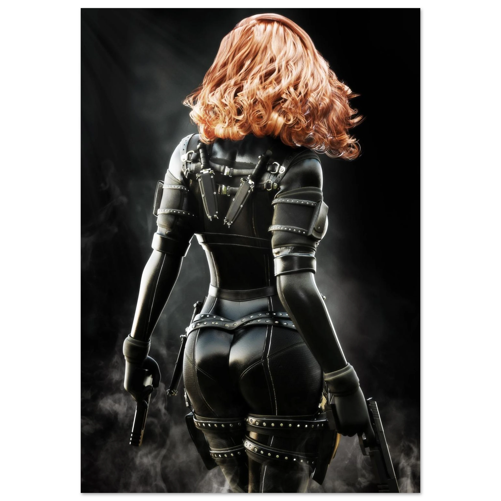Handcrafted fantasy artwork depicting a highly skilled redheaded assassin viewed from behind as she walks through swirling smoke beneath dramatic overhead light. Wearing a sleek black tactical bodysuit with reinforced armor, twin shoulder-mounted blades, thigh holsters, and dual pistols held at her sides, she projects quiet confidence and deadly precision. Rich cinematic lighting highlights the realistic textures of her combat gear while the dark, atmospheric background emphasizes the mystery of a professio