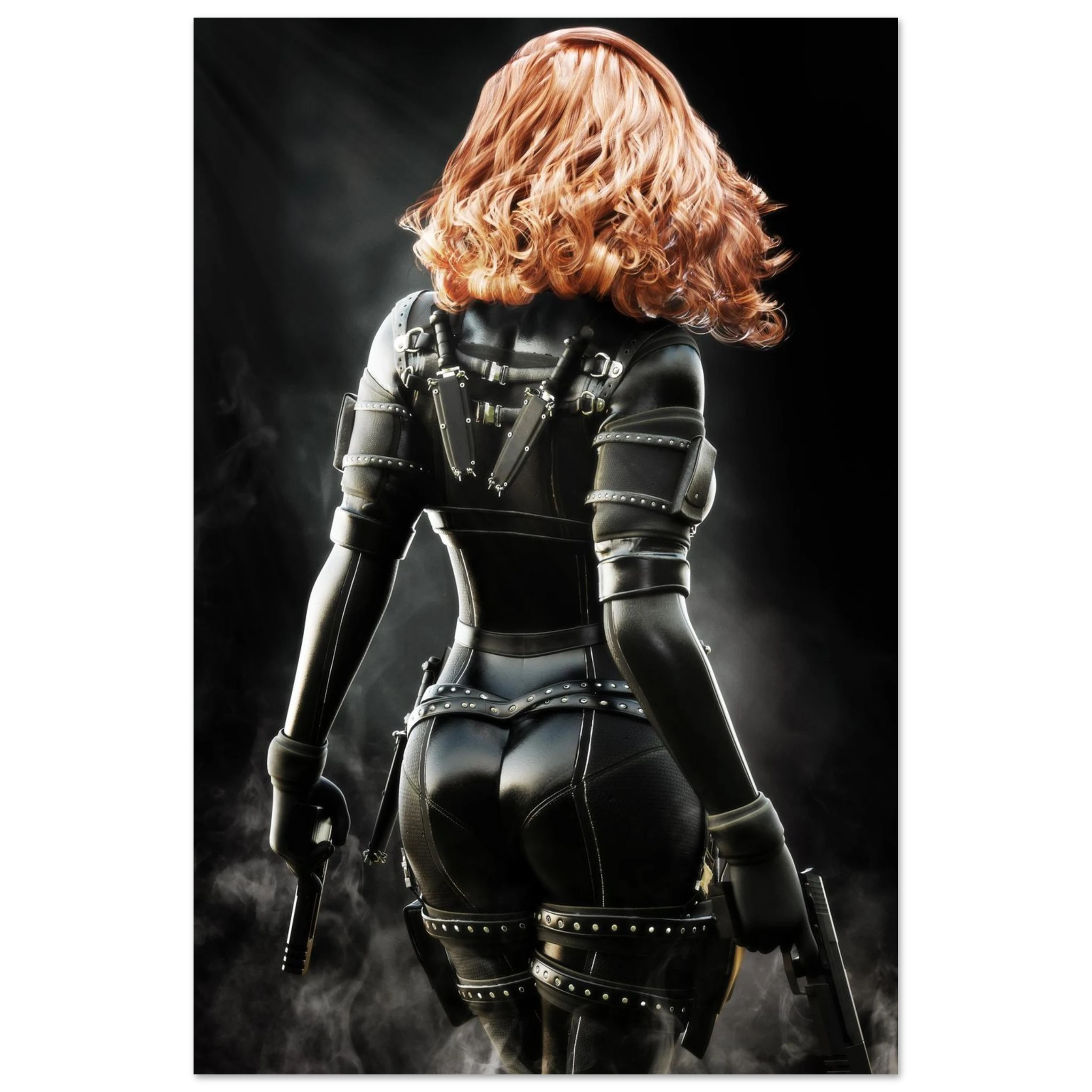 Handcrafted fantasy artwork depicting a highly skilled redheaded assassin viewed from behind as she walks through swirling smoke beneath dramatic overhead light. Wearing a sleek black tactical bodysuit with reinforced armor, twin shoulder-mounted blades, thigh holsters, and dual pistols held at her sides, she projects quiet confidence and deadly precision. Rich cinematic lighting highlights the realistic textures of her combat gear while the dark, atmospheric background emphasizes the mystery of a professio