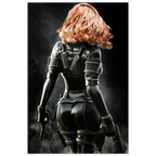 Handcrafted fantasy artwork depicting a highly skilled redheaded assassin viewed from behind as she walks through swirling smoke beneath dramatic overhead light. Wearing a sleek black tactical bodysuit with reinforced armor, twin shoulder-mounted blades, thigh holsters, and dual pistols held at her sides, she projects quiet confidence and deadly precision. Rich cinematic lighting highlights the realistic textures of her combat gear while the dark, atmospheric background emphasizes the mystery of a professio