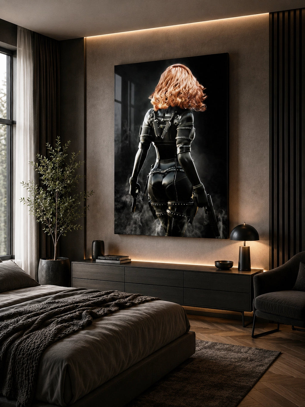 Handcrafted fantasy artwork depicting a highly skilled redheaded assassin viewed from behind as she walks through swirling smoke beneath dramatic overhead light. Wearing a sleek black tactical bodysuit with reinforced armor, twin shoulder-mounted blades, thigh holsters, and dual pistols held at her sides, she projects quiet confidence and deadly precision. Rich cinematic lighting highlights the realistic textures of her combat gear while the dark, atmospheric background emphasizes the mystery of a professio