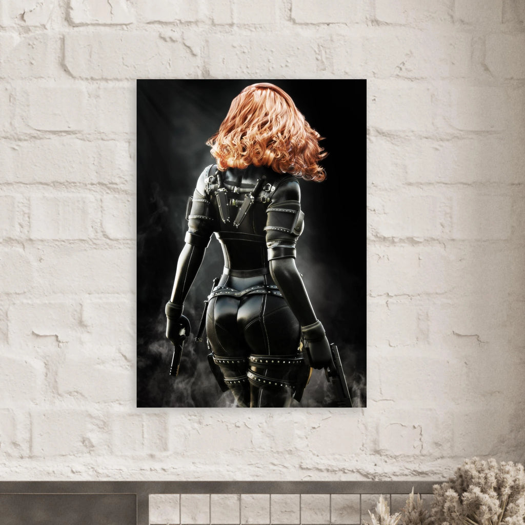 Handcrafted fantasy artwork depicting a highly skilled redheaded assassin viewed from behind as she walks through swirling smoke beneath dramatic overhead light. Wearing a sleek black tactical bodysuit with reinforced armor, twin shoulder-mounted blades, thigh holsters, and dual pistols held at her sides, she projects quiet confidence and deadly precision. Rich cinematic lighting highlights the realistic textures of her combat gear while the dark, atmospheric background emphasizes the mystery of a professio