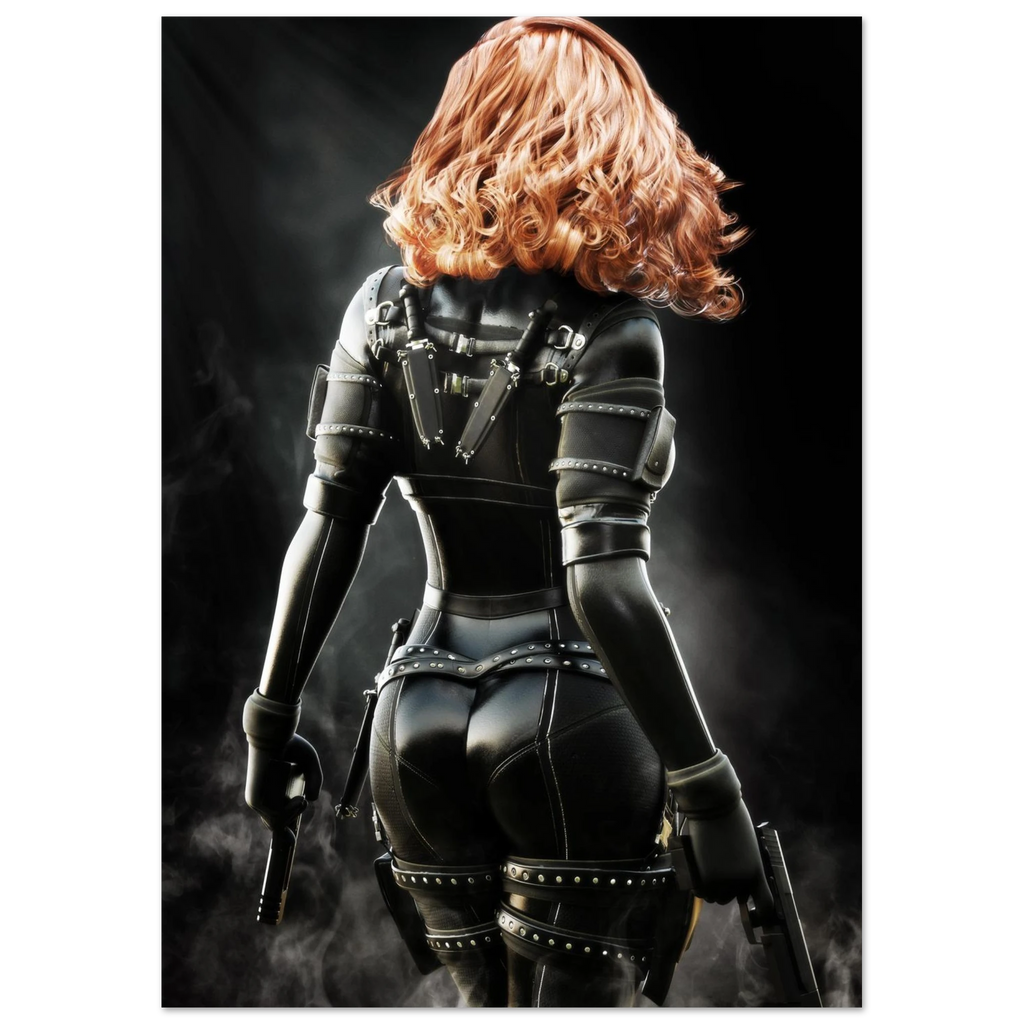 Handcrafted fantasy artwork depicting a highly skilled redheaded assassin viewed from behind as she walks through swirling smoke beneath dramatic overhead light. Wearing a sleek black tactical bodysuit with reinforced armor, twin shoulder-mounted blades, thigh holsters, and dual pistols held at her sides, she projects quiet confidence and deadly precision. Rich cinematic lighting highlights the realistic textures of her combat gear while the dark, atmospheric background emphasizes the mystery of a professio