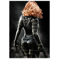 Handcrafted fantasy artwork depicting a highly skilled redheaded assassin viewed from behind as she walks through swirling smoke beneath dramatic overhead light. Wearing a sleek black tactical bodysuit with reinforced armor, twin shoulder-mounted blades, thigh holsters, and dual pistols held at her sides, she projects quiet confidence and deadly precision. Rich cinematic lighting highlights the realistic textures of her combat gear while the dark, atmospheric background emphasizes the mystery of a professio