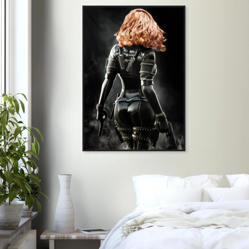Handcrafted fantasy artwork depicting a highly skilled redheaded assassin viewed from behind as she walks through swirling smoke beneath dramatic overhead light. Wearing a sleek black tactical bodysuit with reinforced armor, twin shoulder-mounted blades, thigh holsters, and dual pistols held at her sides, she projects quiet confidence and deadly precision. Rich cinematic lighting highlights the realistic textures of her combat gear while the dark, atmospheric background emphasizes the mystery of a professio