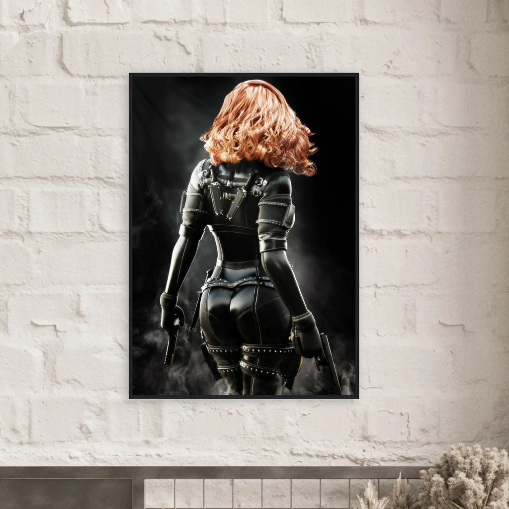 Handcrafted fantasy artwork depicting a highly skilled redheaded assassin viewed from behind as she walks through swirling smoke beneath dramatic overhead light. Wearing a sleek black tactical bodysuit with reinforced armor, twin shoulder-mounted blades, thigh holsters, and dual pistols held at her sides, she projects quiet confidence and deadly precision. Rich cinematic lighting highlights the realistic textures of her combat gear while the dark, atmospheric background emphasizes the mystery of a professio