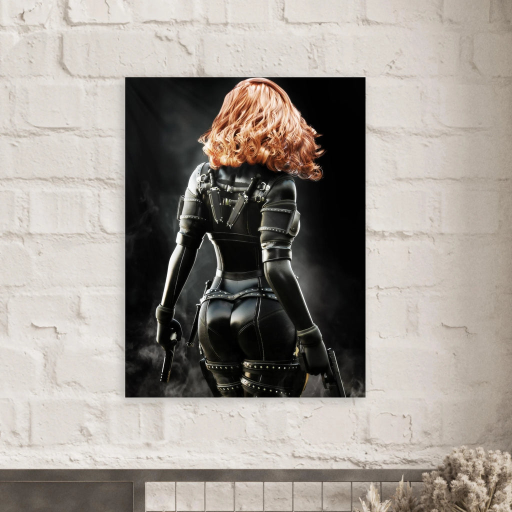 Handcrafted fantasy artwork depicting a highly skilled redheaded assassin viewed from behind as she walks through swirling smoke beneath dramatic overhead light. Wearing a sleek black tactical bodysuit with reinforced armor, twin shoulder-mounted blades, thigh holsters, and dual pistols held at her sides, she projects quiet confidence and deadly precision. Rich cinematic lighting highlights the realistic textures of her combat gear while the dark, atmospheric background emphasizes the mystery of a professio