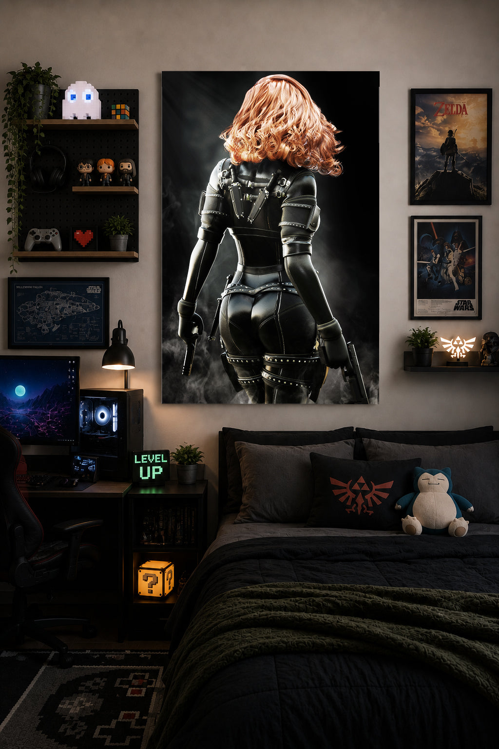 Handcrafted fantasy artwork depicting a highly skilled redheaded assassin viewed from behind as she walks through swirling smoke beneath dramatic overhead light. Wearing a sleek black tactical bodysuit with reinforced armor, twin shoulder-mounted blades, thigh holsters, and dual pistols held at her sides, she projects quiet confidence and deadly precision. Rich cinematic lighting highlights the realistic textures of her combat gear while the dark, atmospheric background emphasizes the mystery of a professio