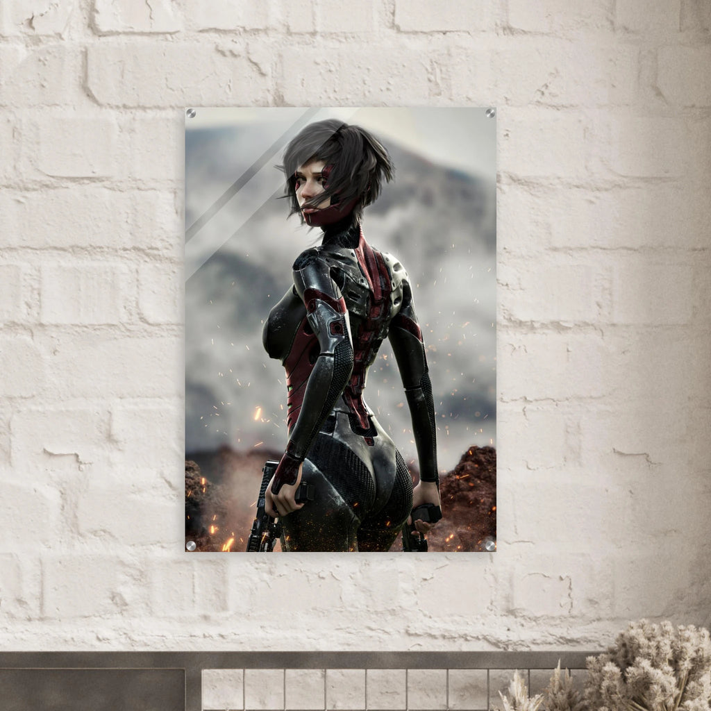 A vertical wall poster featuring a futuristic female sci-fi character in a black and red bodysuit, displayed on a white painted brick wall above a mantel.