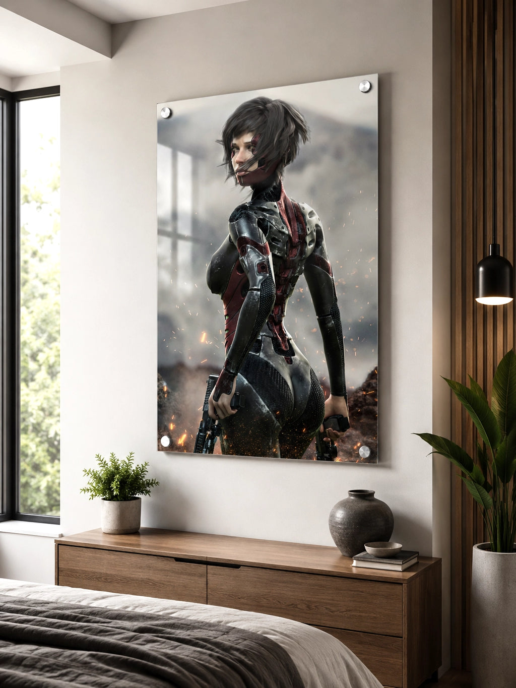 A large vertical wall art print featuring a futuristic female cyborg character in dark metallic armor, displayed in a modern bedroom above a wooden console table.
