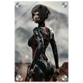 A vertical wall art print featuring a futuristic female soldier in a black and red armored suit, standing in a smoky battlefield scene with sparks and rocks. The print is shown with a white border and four silver metal grommets in the corners, indicating it is designed as wall art.