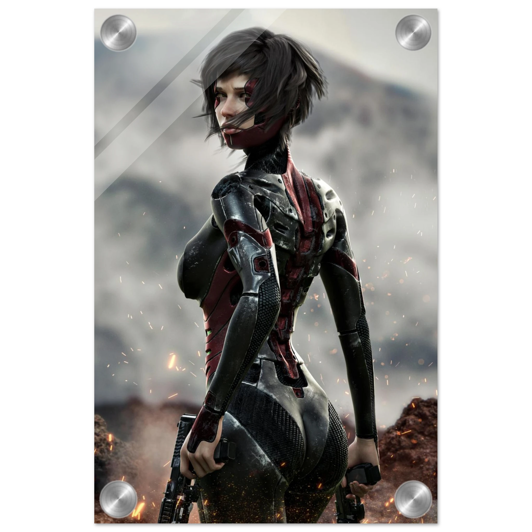 A vertical wall art print featuring a futuristic female soldier in a black and red armored suit, standing in a smoky battlefield scene with sparks and rocks. The print is shown with a white border and four silver metal grommets in the corners, indicating it is designed as wall art.