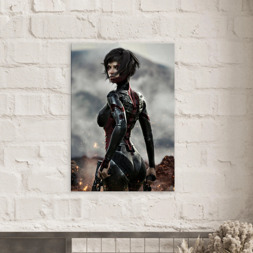 A vertical wall art print featuring a stylized female warrior character in dark armor, displayed on a white painted brick wall above a mantel.