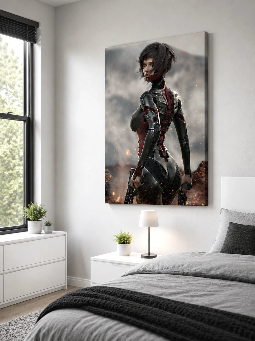 A large vertical canvas wall art print depicting a futuristic female warrior in a black and red bodysuit, displayed in a modern bedroom above a bed with gray bedding.