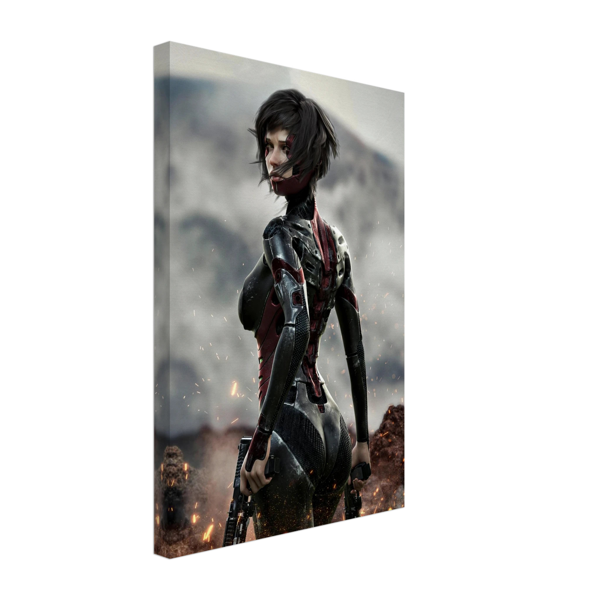 A vertical canvas wall art print featuring a futuristic female warrior in a black and red bodysuit, shown at an angle against a plain white background.