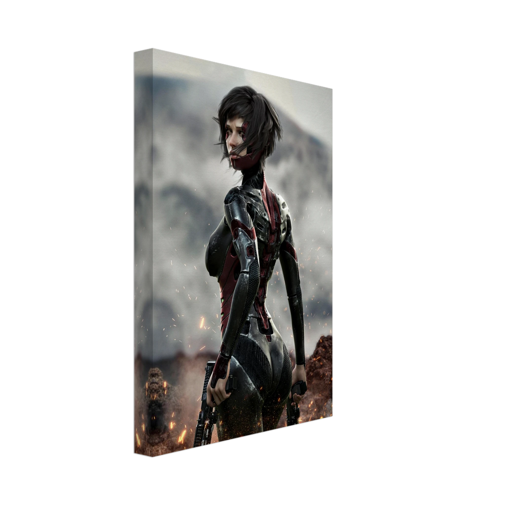 A vertical canvas wall art print featuring a stylized female warrior in dark futuristic armor standing in a smoky battlefield scene, shown at a slight angle on a plain white background.