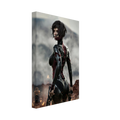 A vertical canvas wall art print featuring a stylized female warrior in dark futuristic armor standing in a smoky battlefield scene, shown at a slight angle on a plain white background.