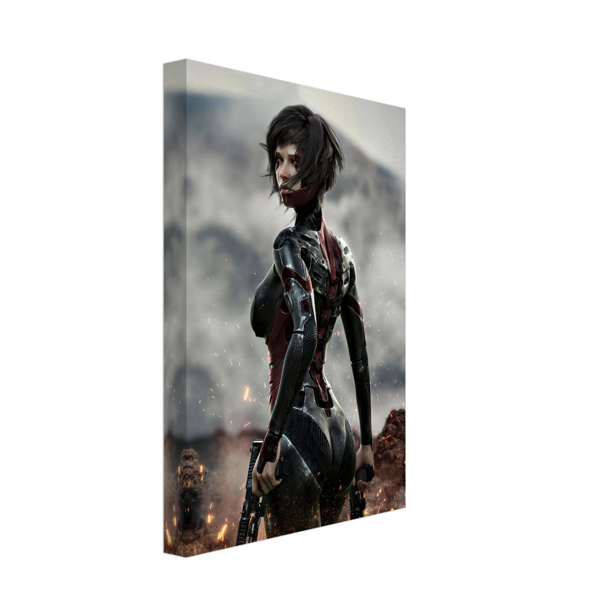 A vertical canvas wall art print featuring a stylized female warrior in dark futuristic armor standing in a smoky battlefield scene, shown at a slight angle on a plain white background.