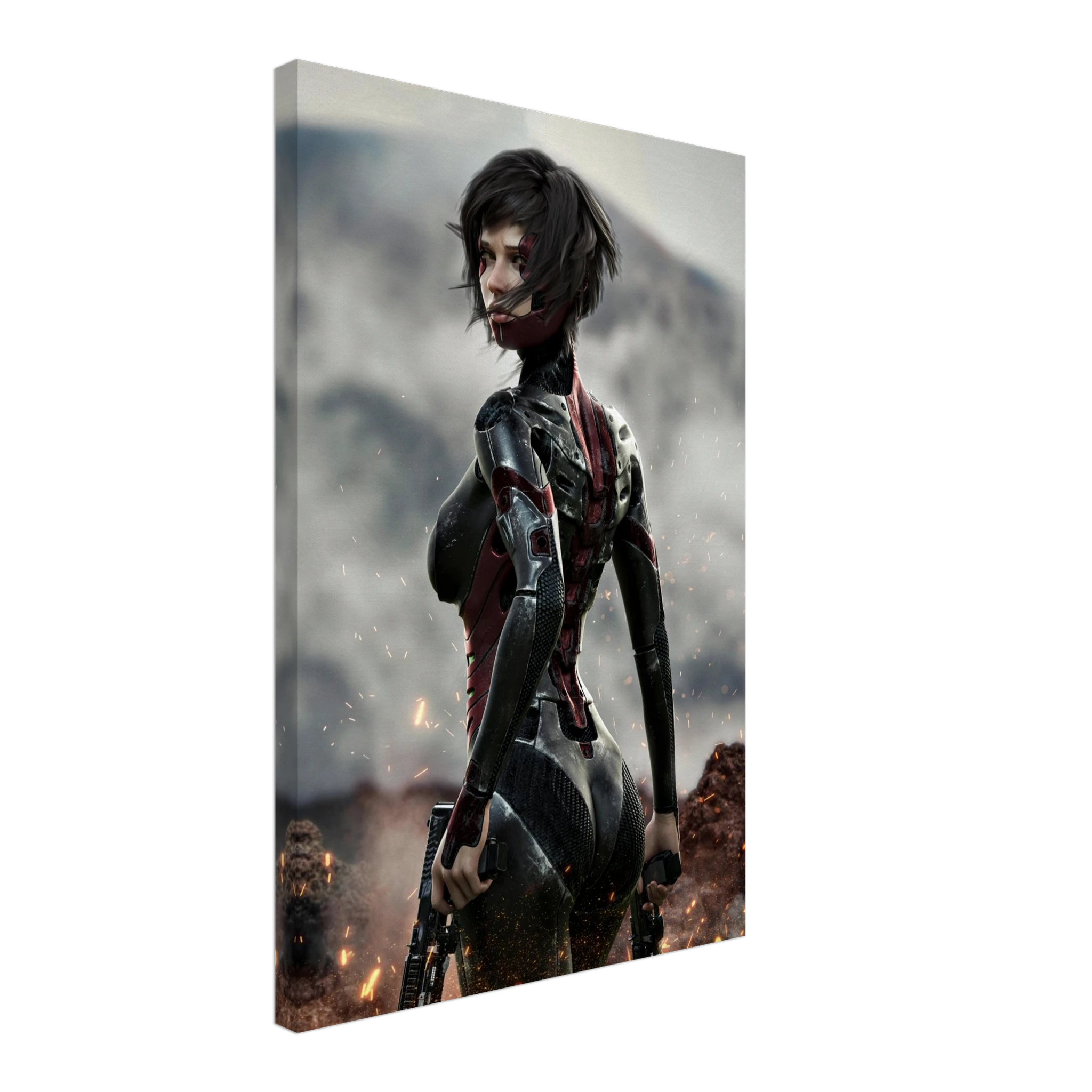 A vertical canvas wall art print featuring a futuristic female soldier in a dark metallic bodysuit standing in a smoky battlefield scene, shown at a slight angle against a plain white background.