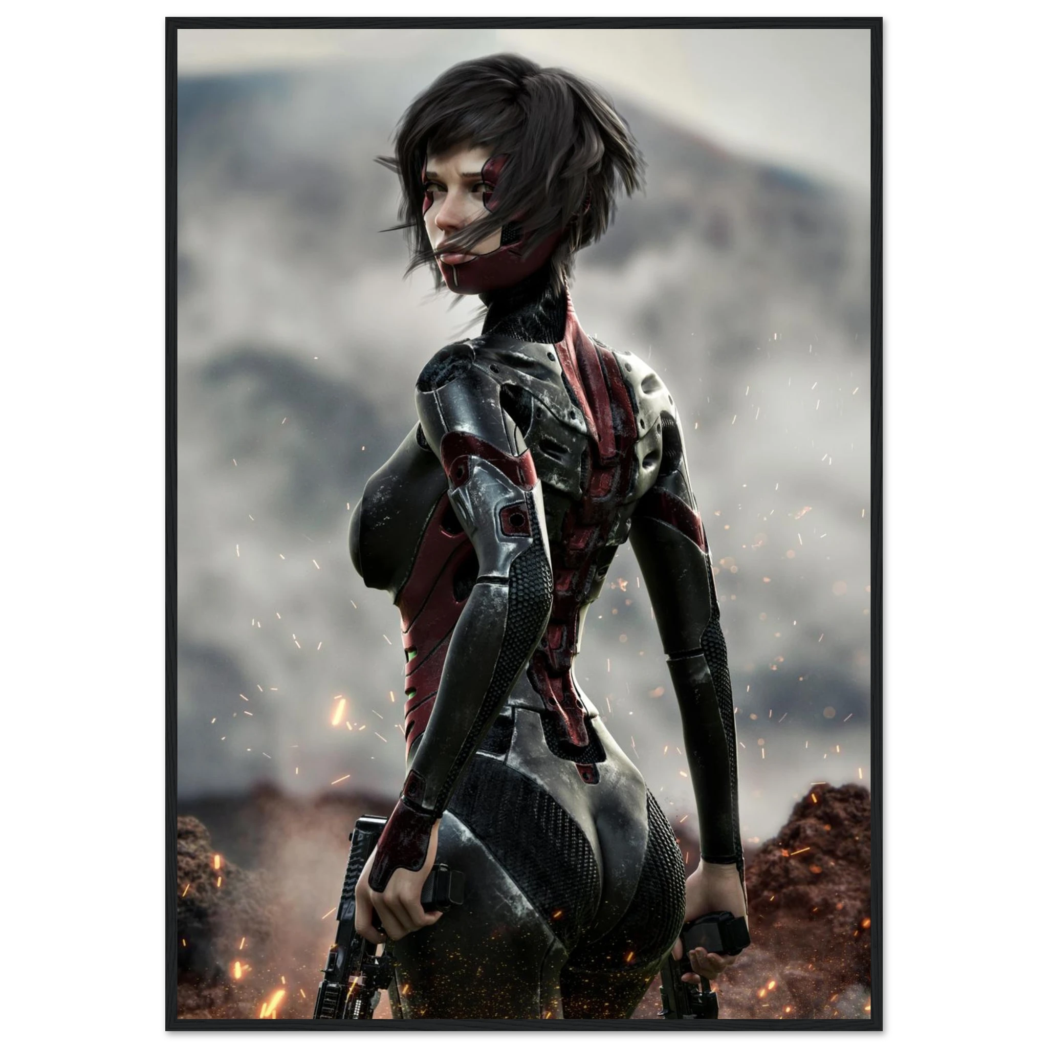 A framed vertical art print featuring a futuristic female soldier in a black and red armored bodysuit, standing in a smoky, rocky outdoor scene with sparks. The print is presented in a thin black frame against a light gray background.