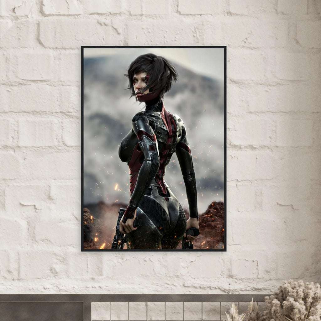 A framed vertical art print of a female sci-fi character in a dark red and black bodysuit, displayed on a white brick wall above a mantel.