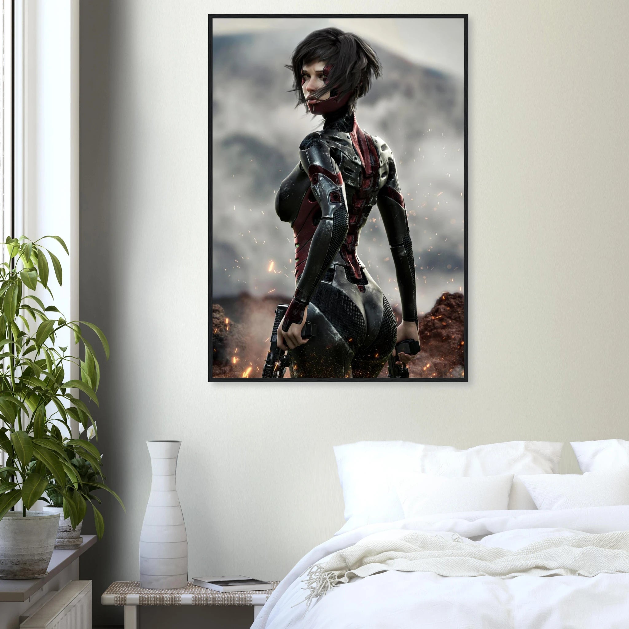 A framed vertical wall art print depicting a futuristic woman in dark red and black armor standing in a smoky battlefield scene, displayed above a bed in a modern bedroom with a plant and white vase.