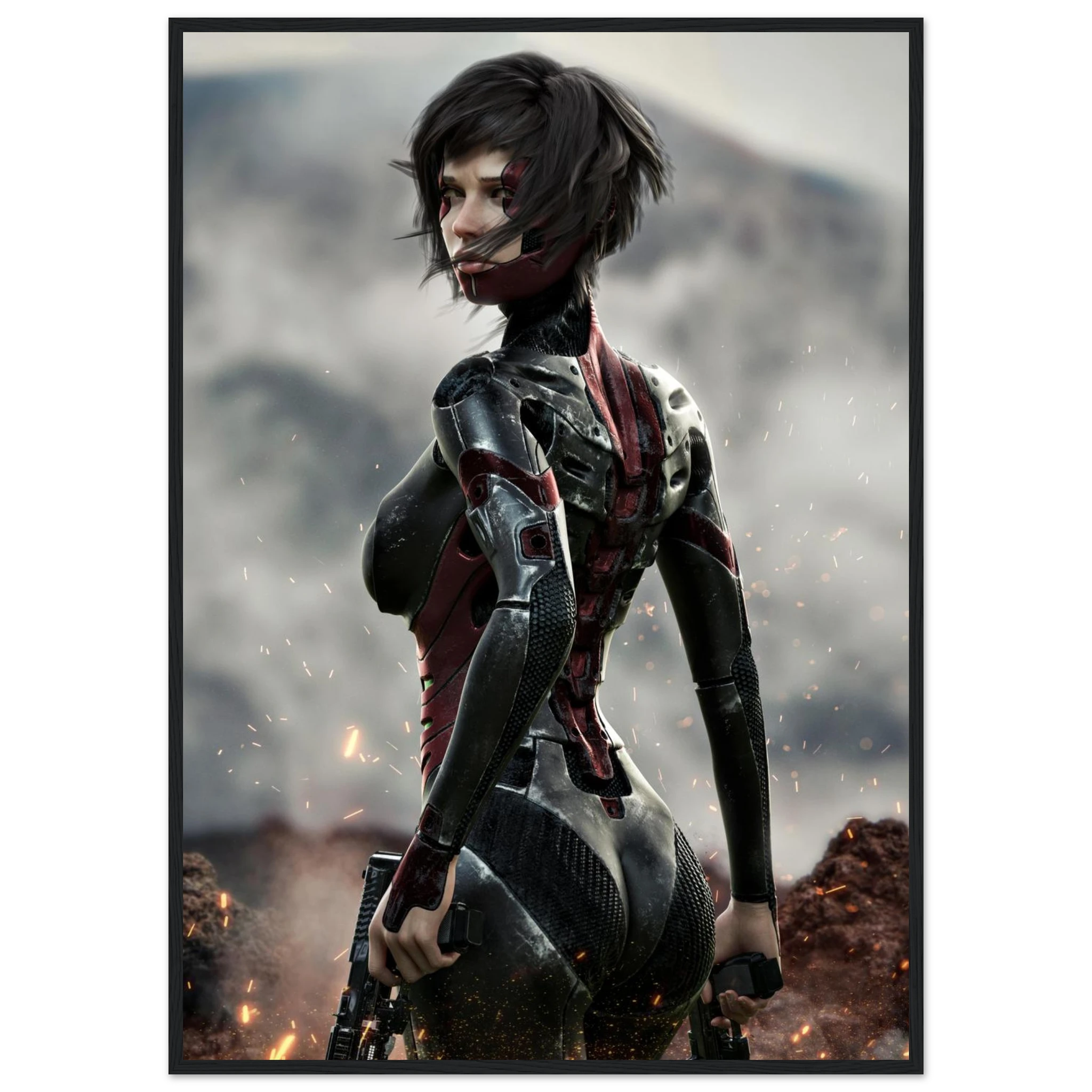 A framed vertical art print featuring a futuristic female warrior in a black and red armored bodysuit, standing in a smoky battlefield scene with sparks and rocks. The print is shown with a thin black frame against a light gray background.