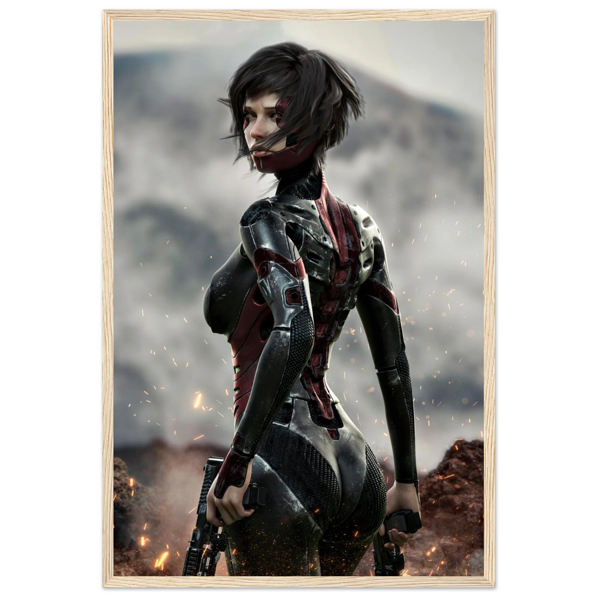 A framed vertical art print featuring a stylized female warrior character in a dark futuristic bodysuit with red accents, standing in a smoky outdoor scene with sparks and a rifle.