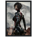 A framed vertical art print featuring a futuristic female warrior in a black and red armored suit, standing in a smoky battlefield scene with sparks. The print is displayed in a simple black frame against a clean white background.