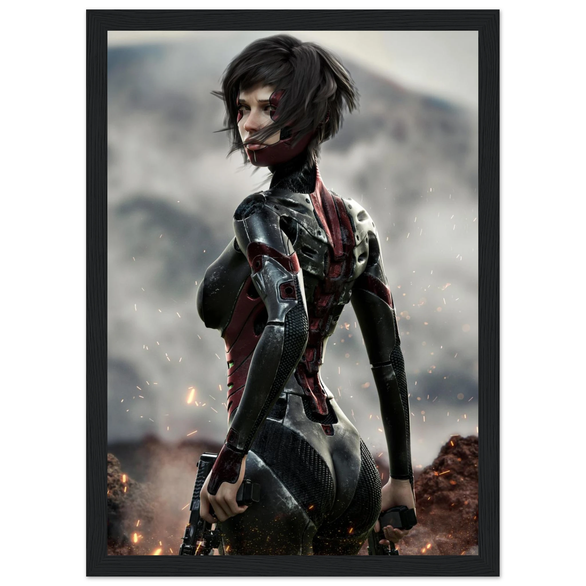 A framed vertical art print featuring a futuristic female warrior in a black and red armored suit, standing in a smoky battlefield scene with sparks. The print is displayed in a simple black frame against a clean white background.
