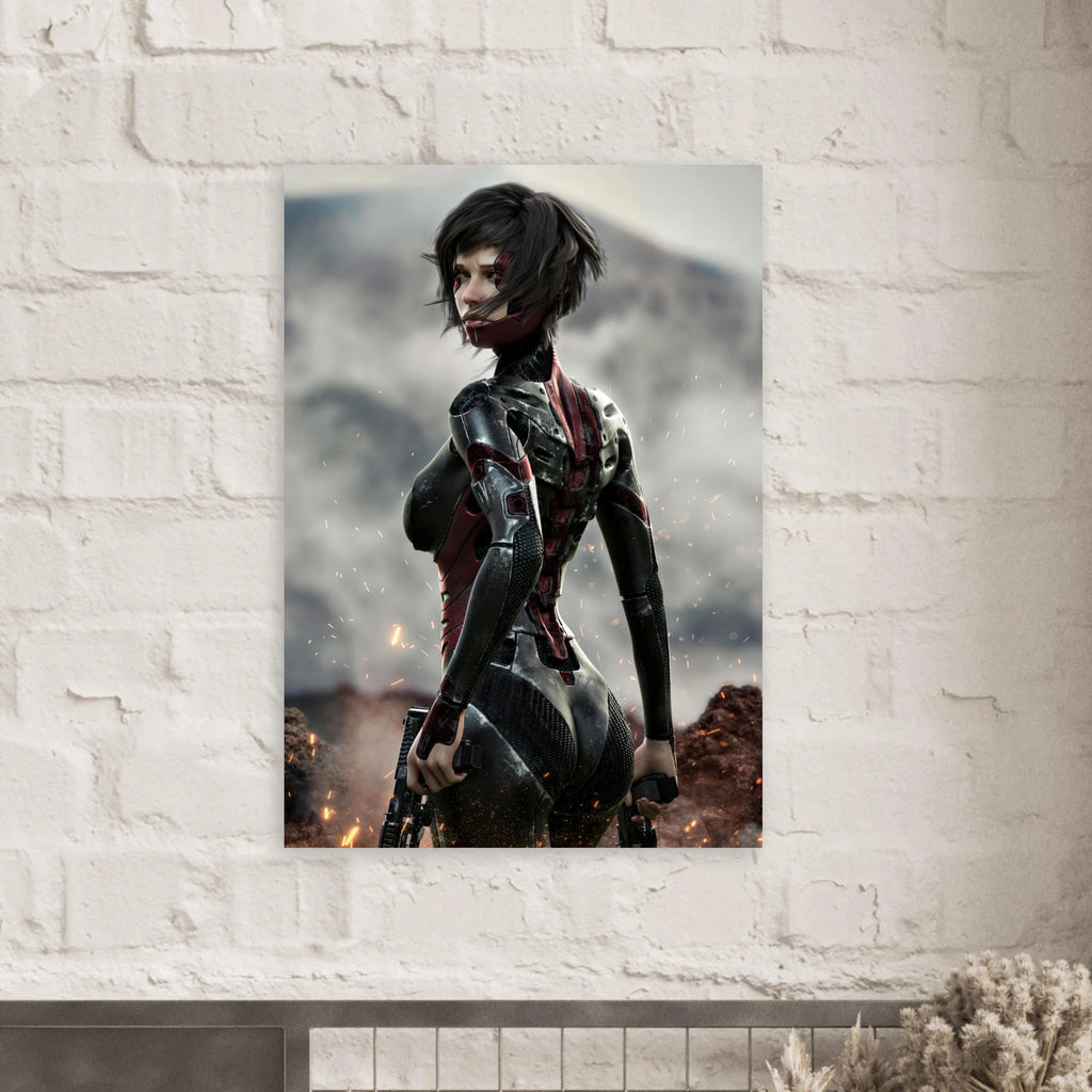 A vertical wall art print featuring a futuristic female character in dark armored clothing, displayed on a white brick wall above a fireplace.