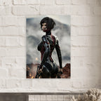 A vertical wall art print featuring a futuristic female character in dark armored clothing, displayed on a white brick wall above a fireplace.