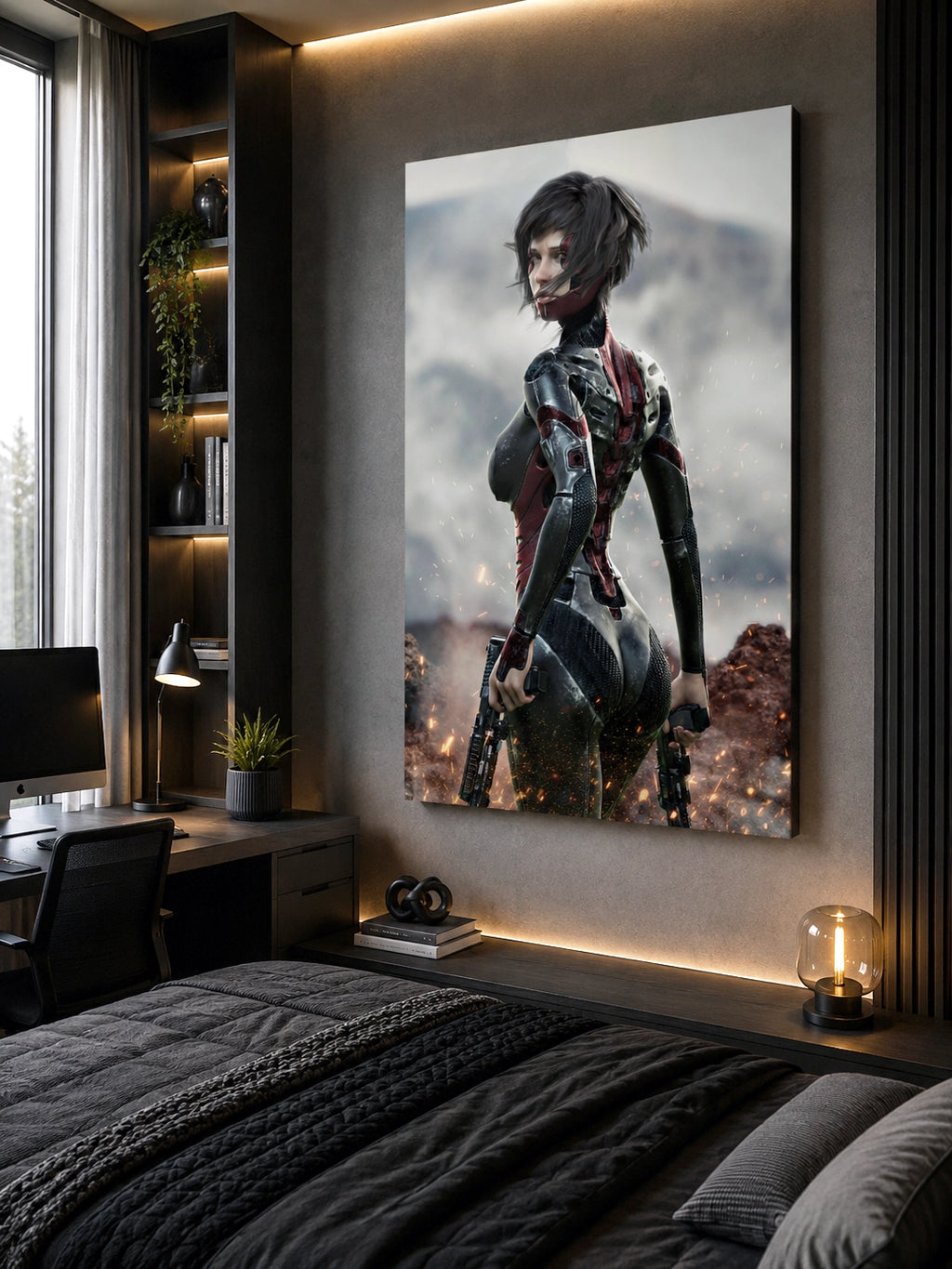 A large vertical canvas print of a sci-fi female character in a dark metallic suit, displayed on a dark gray wall in a modern bedroom setting with a bed, desk, and ambient lighting.