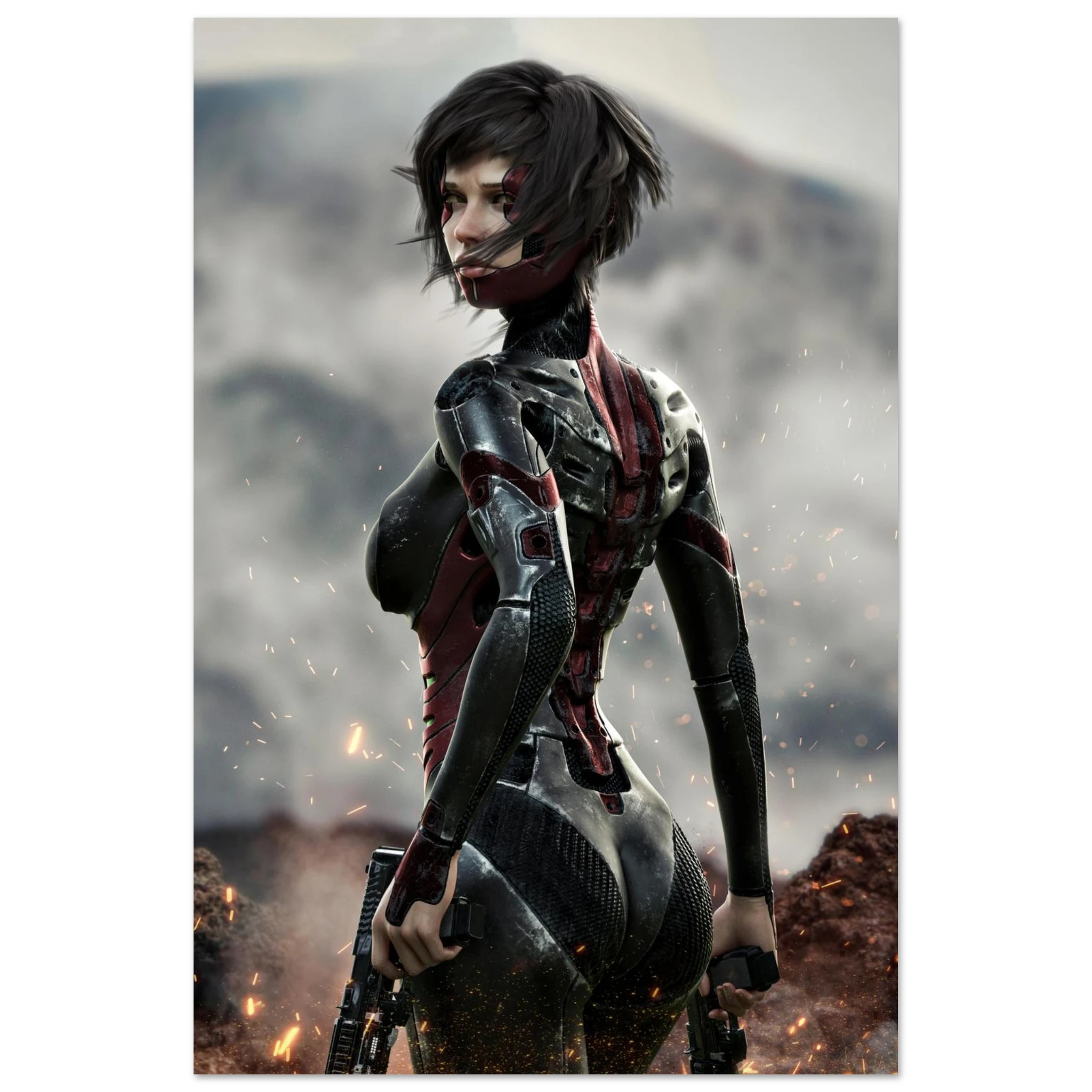 A vertical art print featuring a stylized female warrior character in a black and red futuristic bodysuit, standing in a smoky mountainous environment with sparks and a rifle.